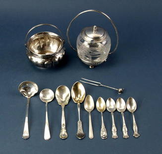 Sterling Jelly Jar, Basket, Spoons, Ladle: Group of sterling items, to include: early 20th century American jelly jar with spoon; Whiting & Co. hand-hammered basket with swivel handle; (9) demitasse spoons; ladle. Approximately 11.2 troy oz