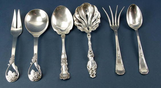 Sterling Serving Spoons, Salad Set, Fish Set: Group of sterling items, to include: Smith Patterson serving spoon; Whiting serving spoon; Frank Whiting salad set; Eugen Marcus fish set. Approximately 16.4 troy oz TW. Provenance: Peabody,