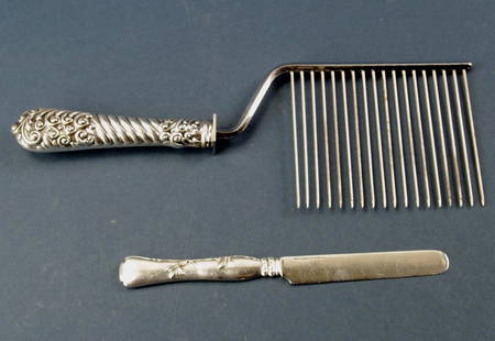 Gorham Cake Knife, Tiffany Sterling Spreader: Gorham Art Nouveau cake knife with sterling handle, and Tiffany sterling spreader. Approximately 2.2 troy oz TW. Provenance: Peabody, Massachusetts collection.