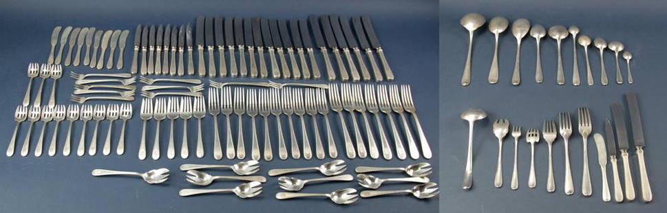 S. Kirk and Son Sterling Winslow Flatware Set: S. Kirk and Son Co. sterling flatware set, "Winslow" pattern, having an engraved border, monogrammed "EKR", to include: (7) 7 3/4" forks, (10) 7 1/8" forks, (5) 6 1/4" forks, (10) 6" ice cream
