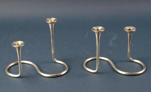 Pair of Sterling Double Candlesticks, A. Michelsen: Pair of Danish sterling double candlesticks, A. Michelsen, Copenhagen, 4 3/4" H x 6 1/4" W. Approximately 12.9 troy oz TW. Good condition. Provenance: Furnishings from the Park Avenue home of a New