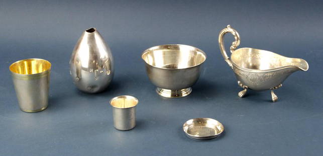 Group of Sterling Items, Sauce Boat, Bowl, etc: Group of sterling items, to include: sauce boat, maker unknown; International Sterling Paul Revere bowl; Tiffany & Co. Makers shot glass; etc. (6) pieces total. Sauce boat 7 3/4" L, monogrammed