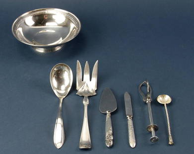 Group of Sterling Items, Serving Pieces: Group of serving pieces, to include: sterling candy dish, RW&S Wallace sterling knife, Gorham sterling serving fork, serving spoon, ice cube tongs, 1917 Indian rupee spoon, sterling handled cheese