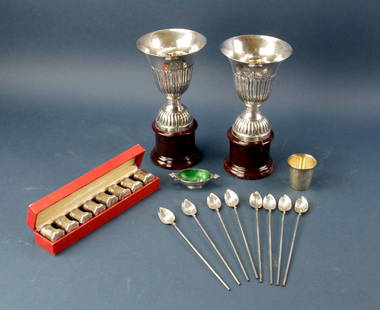 Sterling Grouping, Tiffany, Jensen, Cartier, etc: Sterling grouping to include: International Sterling shot glass; set of six (6) Tiffany & Co. sterling leaf-form cocktail straws; Georg Jensen sterling and enamel salt cellar; set of eight (8)