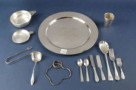 Group of Sterling Items, Tray, Flatware, etc: Group of sterling items, including trophy tray, porringer, miscellaneous flatware, etc. Tray 11 1/2" diameter. Approximately 31.1 troy oz TW (allowing 0.5 oz for each of two items with non-sterling