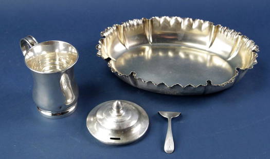 Group of Miscellaneous Sterling Items: Group of miscellaneous sterling items, to include: scalloped-edge bowl, 10 1/2" x 7 1/2"; English silver tankard, 4" H; jam jar lid; food pusher. Approximately 20.5 troy oz TW. Good condition.