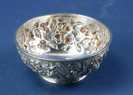 Repousse Sterling Bowl, Jacobi and Jenkins: Repousse sterling bowl, marked Jacobi & Jenkins Makers, Baltimore, engraved "Solomon S. Kann from Aunt Sadie, August 18 1904", 2" H x 5" diameter. Approximately 4.8 troy oz. Good condition.