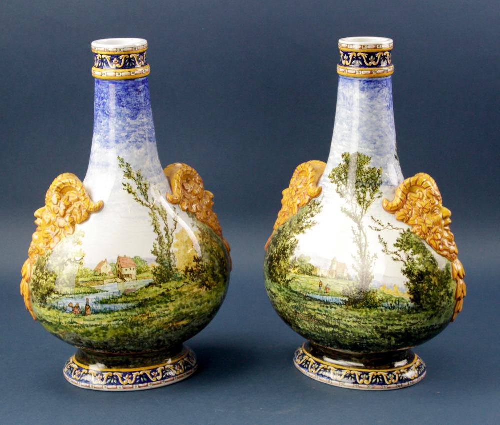 19thC French Pictorial Moon Flasks: 19th century French pictorial moon flasks, with pastoral scene, set of (2), 15 1/2" H x 9" W x 5" D. Provenance: Marblehead, Massachusetts collection.
