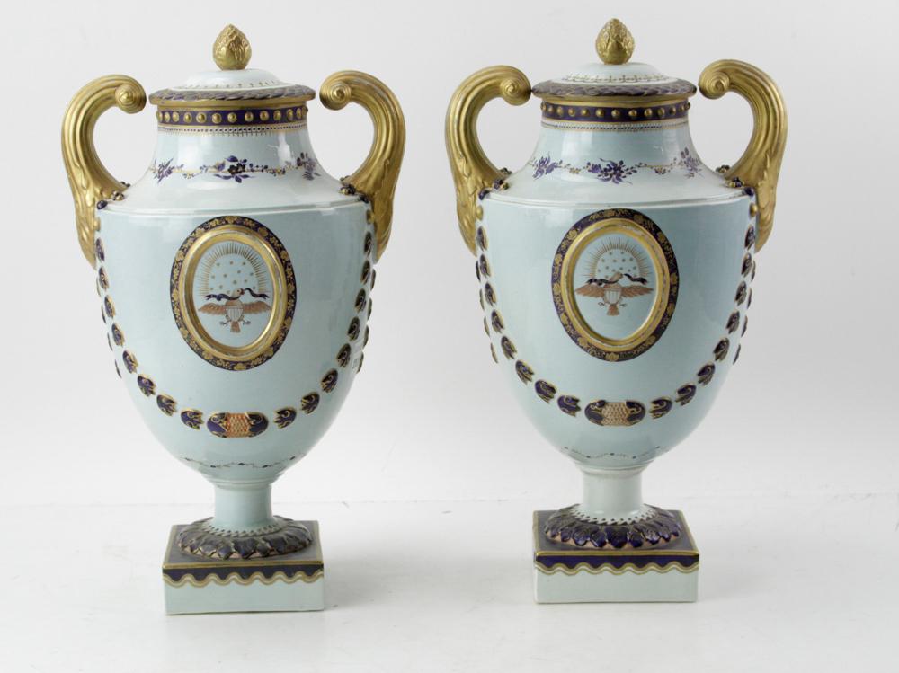 Pair of Mottahedeh Chinese Export Armorial Urns (1 of 11)
