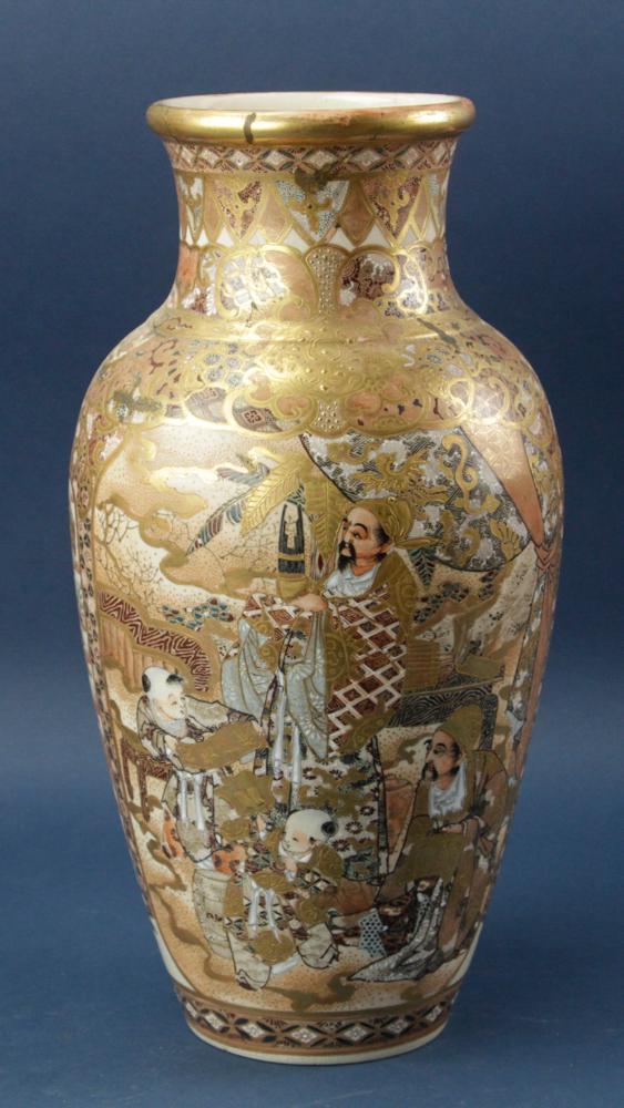 19thC Japanese Satsuma Vase: 19th century Japanese Satsuma vase, 15 1/4" x 7 1/4". Old stapled repair. Provenance: Marblehead, Massachusetts collection.