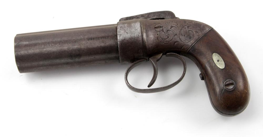 C1850 Allen & Thurber Pepperbox Revolver: Antique circa 1850 pepperbox revolver, engraved, marked Allen & Thurber, Worcester, 7" x 4". Provenance: Furnishings from the Park Avenue home of a New York socialite.
