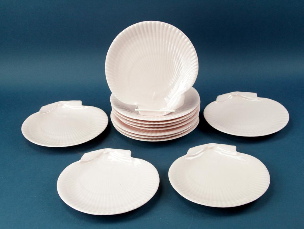 Wedgwood Alpine Pink Shell Plates: Set of Wedgwood "Alpine Pink" shell design plates, 9" diameter, (12) total. Provenance: Furnishings from the Park Avenue home of a New York socialite.