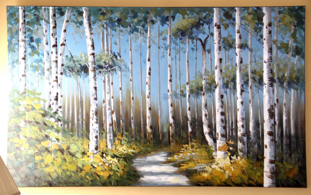 Birch Trees, Oil on Canvas: Birch trees, oil on canvas, unsigned, unframed, 36" x 60". Good condition. Provenance: From an East Falmouth, Massachusetts home. PLEASE NOTE: Buyer to pick up in East Falmouth.