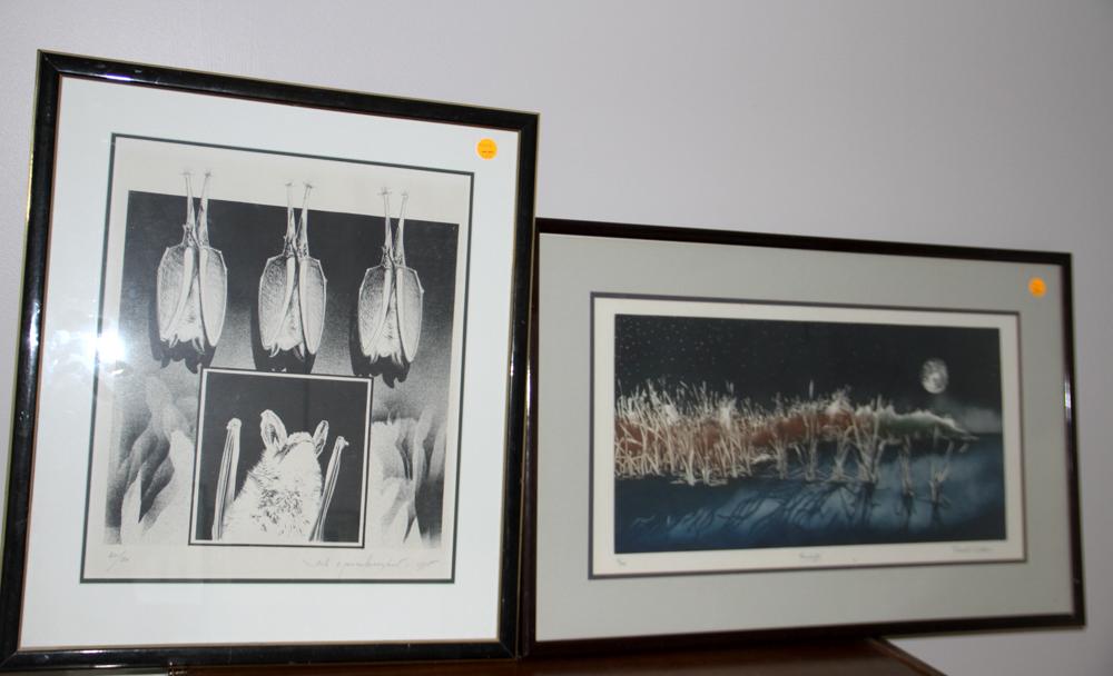 Signed and Numbered Prints: Signed and numbered prints, two (2) total, one titled 'Moonlight', signed indistinctly LR and numbered 16/100, in frame 21 1/4" x 33 1/4", and one depicting bats, signed, numbered 30/30 and dated '75'