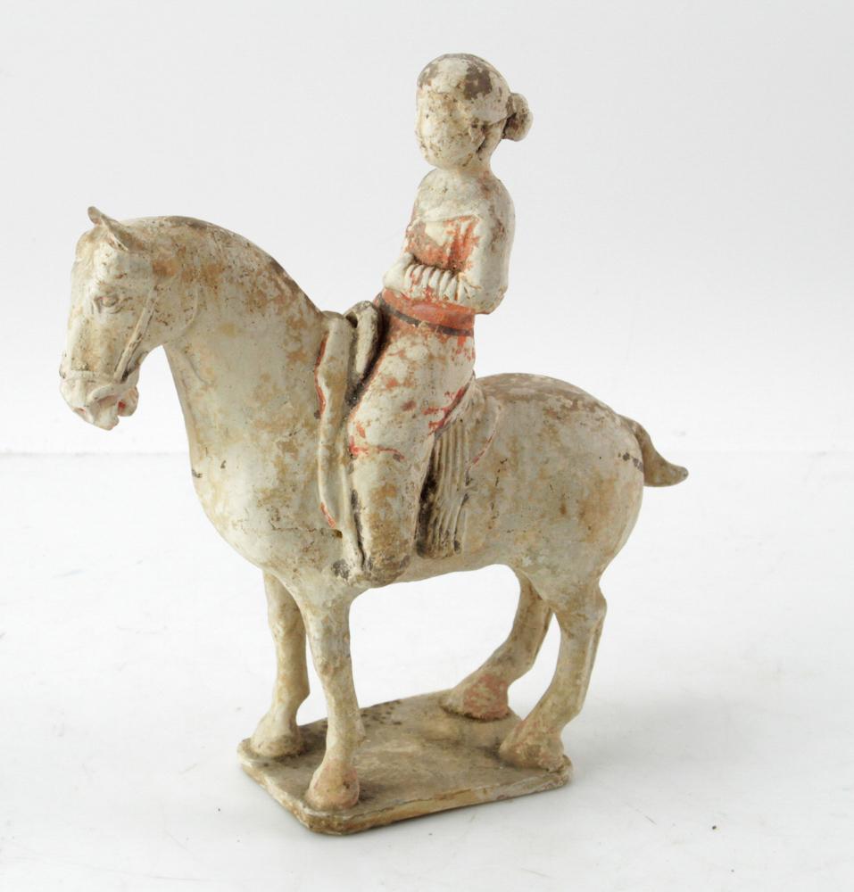 Chinese Terracotta Horse with Rider, Tang Dynasty: Chinese terracotta horse with female rider, Tang Dynasty (681-907 A.D.), 10 3/4" H. Provenance: Manchester, Massachusetts collection.