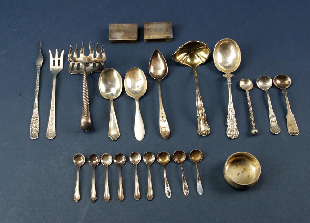 Sterling and Glass Black Starr and Gorham Salts: Dinner service of sterling and glass salts, (9) pieces, sterling Black Starr & Frost, Gorham. Approximately 9.0 troy oz TW. Provenance: Saratoga Springs, New York collection.