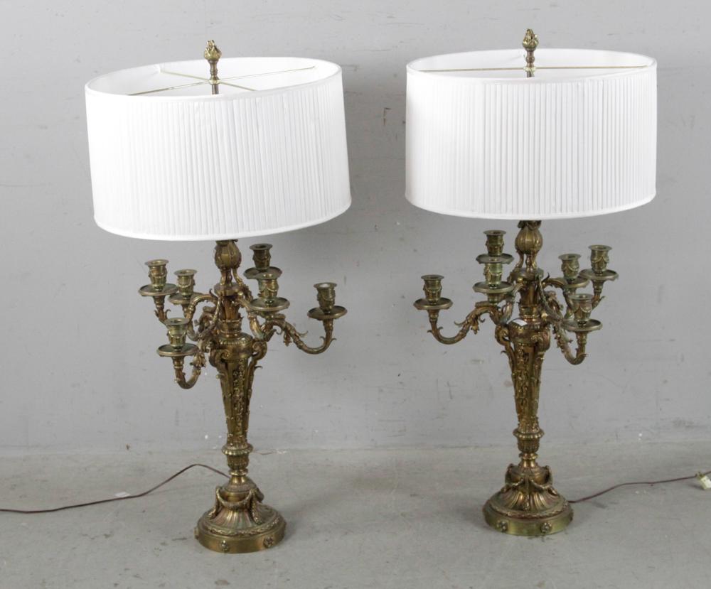 Pair of 19thC Ornate Bronze Candelabra Lamps (1 of 9)