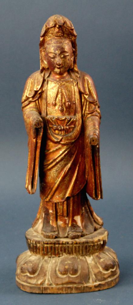 17th/18thC Carved Wooden Standing Guanyin: 17th/18th century carved wooden standing Guanyin statue, lacquered and gilded, 13 1/2" H. Hands missing. Provenance: Salem, Massachusetts collection.