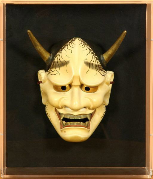 Antique Noh Theater Japanese Mask: Antique Noh Theater Japanese paint and gold leaf-decorated mask, in plexiglass case, 14 1/2" high x 11" wide x 5 3/16" deep (case).
