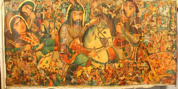 Early Persian Portrait of Ali on Horse, O/C: Early Persian portrait of Ali on horse going to war, o/c, 68"h x 137 3/4"w. 2" rip upper right corner, 1" area of paint loss lower right corner, 2 1/2" area of flacking middle right, 3" x 2" old patch