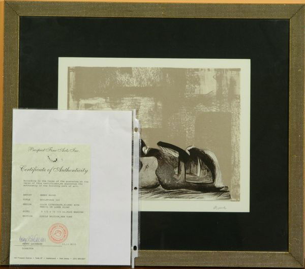 Moore, "Sculpture III," Lithograph: Henry Moore (British, 1898-1986), "Sculpture III," color lithograph, signed with pencil lower right, Siecle Edition, New York, 9 1/2" x 12 1/2" (image), 18 1/2" x 21 1/2". Certificate of authenticatio