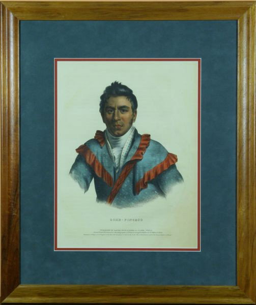 C. 1843 Hand-Colored Lithograph: Hand-colored lithograph, circa 1843, of the Native American O. Che-Finceco, published by Daniel Rice and James Clark, Philadelphia, original aquatint, 15 x 11 1/4" (sight), 24 1/4" x 20 1/2" (frame), 
