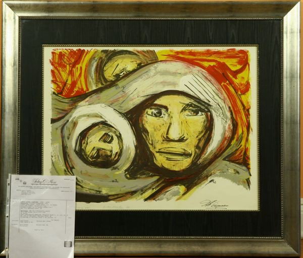 Siqueiros, "Maternity", Lithograph: José David Alfaro Siqueiros (Mexican, 1896-1974), "Maternity," six-color lithograph, 1972, color trial proof, finial state 1/3, signed in pen lower right, "A: darker blacks C.R.," print on Arches pap