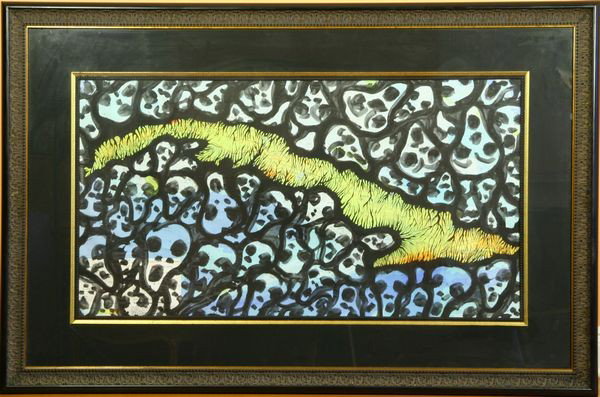 Miranda Mixed Media Painting: Ibrahim Miranda (Cuban, contemporary), abstract, watercolor over a map of Cuba, unsigned, 25" x 47" (sight), 42" x 63" (frame),