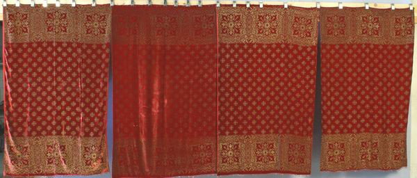 Group of Four (4) Velvet Window Curtains: Group of four (4) velvet window curtains having gold thread design, 72"l. x 44 1/2"w. Good condition.