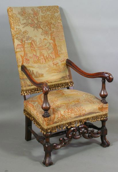 19th C. Continental Needlepoint Upholstered Armch: 19th Century Continental needlepoint upholstered armchair having carved legs and arms, 47 1/2"h. x 25 1/2"w. x 31"d., height of seat 18"h. Good condition.