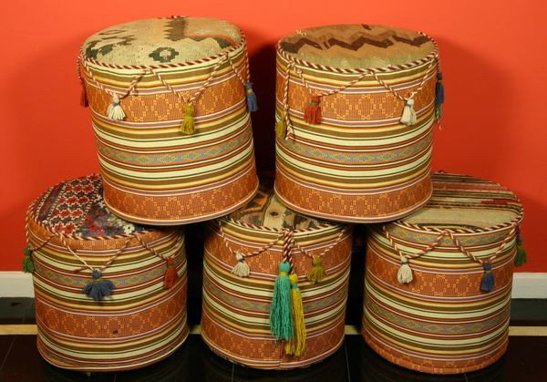 Five Middle Eastern Tapestry Covered Stools: Lot of five Middle Eastern tapestry covered stools, 16" high x 16" diameter, undamaged.