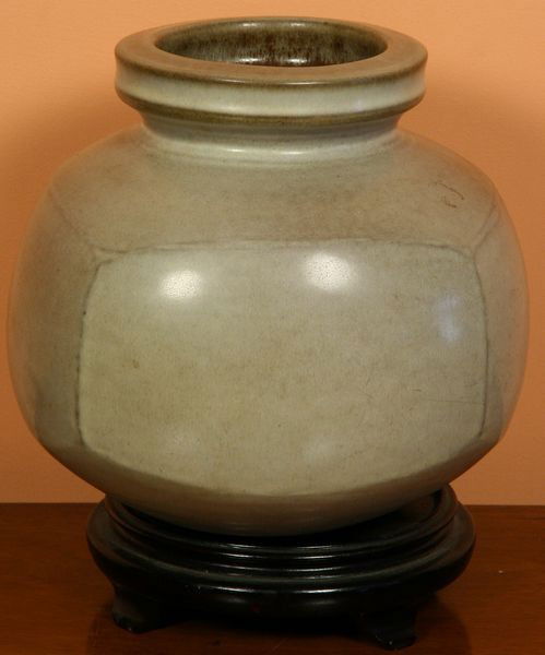 Ceramic Bottle by Rupert Deese: Square pillow-form bottle by Rupert Deese, ceramic, monogrammed on base, 8" high x 8" diameter, undamaged.