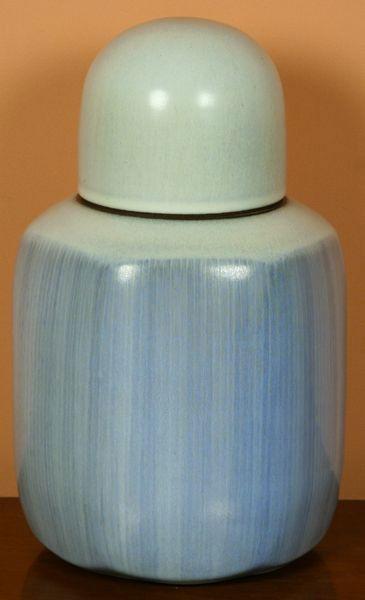 Covered Jar by Rupert Deese: Rupert Deese, "Jar, Planets, Blue," covered ceramic jar, monogrammed on base, 10 3/4" high x 6" diameter, undamaged.