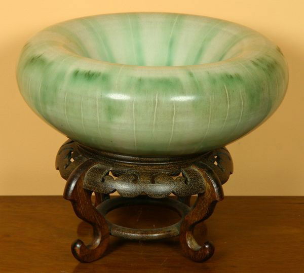 "Turban Bowl" by Rupert Deese: Rupert Deese, "Turban Bowl with green stripes," ceramic, 3" high x 8 1/2" diameter, undamaged.
