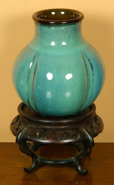 Ceramic Vase by Rupert Deese: Rupert Deese, ceramic vase on stand, monogrammed on base, 6 1/4" high x 5 1/2" diameter (vase), undamaged.
