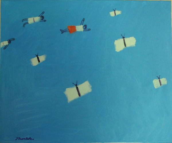 Strombotne, "Metamorphosis," O/C: James Strombotne (American, B. 1934), "Metamorphosis", oil on canvas, signed lower left, 20" x 24", unframed.