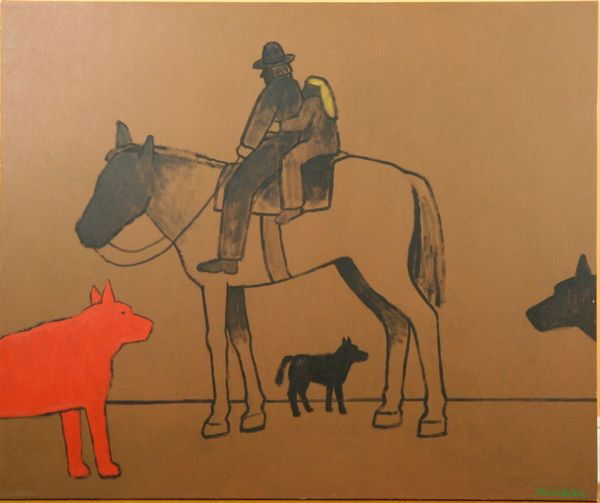 Strombotne, "Three Dog Night," A/C: James Strombotne (American, B. 1934), "Three Dog Night," acrylic on canvas, signed, 36" x 48".