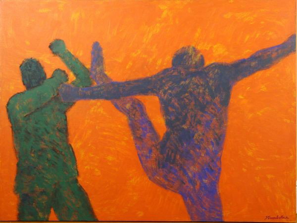 Strombotne, Abstract, O/C: James S. Strombotne (American, B. 1934), abstract of two figures, oil on canvas, signed lower right, 26" x 48" unframed.