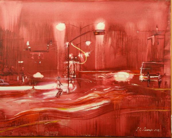 Camejo, Abstract Street Scene, O/C: Luis Enrique Camejo (Cuban, b. 1971), abstract street scene, oil on canvas, signed lower right, 40" x 50".