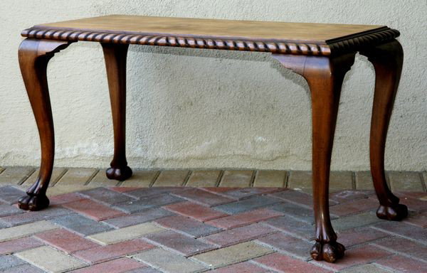 20th C. Mahogany Sofa Table: 20th century mahogany sofa table with paw feet, 20 1/2" high x 36 1/2" wide x 16" deep, undamaged.