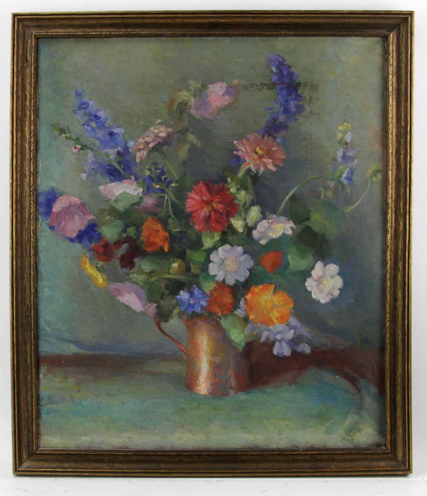 Doris Goodhue Dean, Flowers in Copper Vase: Doris Glover Goodhue Dean (American, 1897-1979), flowers in copper vase, oil on canvas, info verso, framed 24" x 21". Provenance: Barnstable, Massachusetts collection.