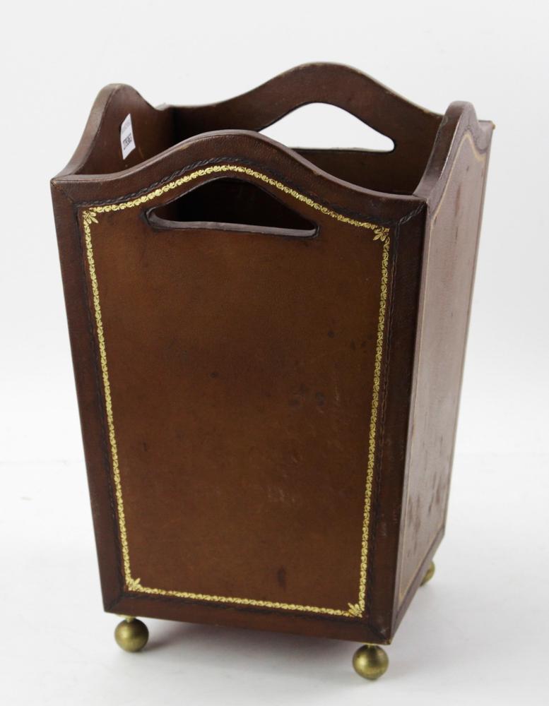 Tooled Leather Wastepaper Basket: Tooled leather wastepaper basket, 15" H x 10" W x 10" D. Provenance: West Palm Beach, Florida estate.