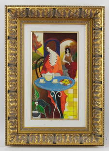 Itzchak Tarkay, Cafe View, Giclee on Canvas: Itzchak Tarkay (Israeli, 1935-2012), cafe view, giclee on canvas, signed, 18" x 9 1/2", in custom frame 28" x 20". Provenance: Lynnfield, Massachusetts collection.