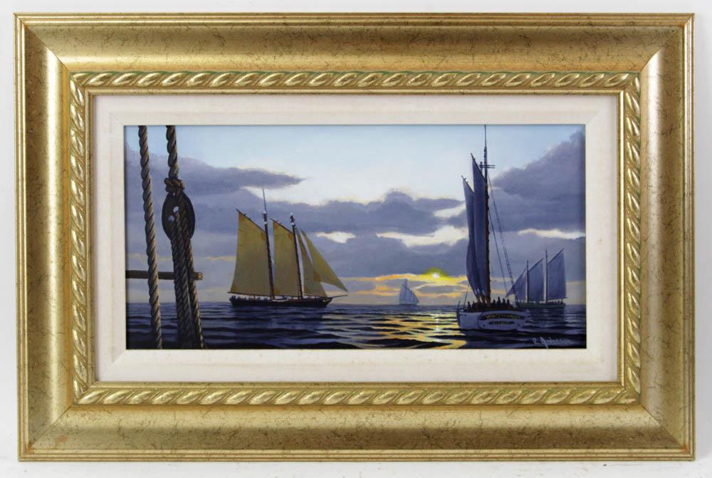 Robert Johnson, Starboard Eye View: Robert Johnson, "Starboard Eye View", oil on canvas, signed L/R, 8" x 16", framed 15" x 23". Provenance: Boston, Massachusetts collection.