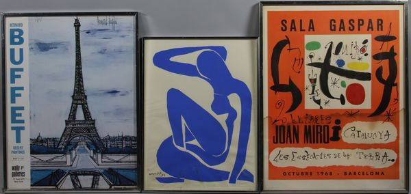 Matisse, Miro, Buffet, 3 Posters: Group of three posters: Henri Matisse (20" x 21"), Joan Miro (26" x 19 1/2"), Bernard Buffet (26" x 19 1/2").