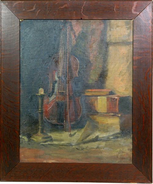 Still Life of Violin, O/C: Unsigned still life of a violin, oil on canvas on board, 23" x 18", 29" x 23 1/3".