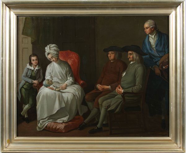 Attr. to West, Family View, O/C: Early 19th century, American, attributed to Benjamin West (American Neoclassical Painter, 1738-1820), scene of still birth with Benjamin West standing in background with pallet and bursh, oil on canva