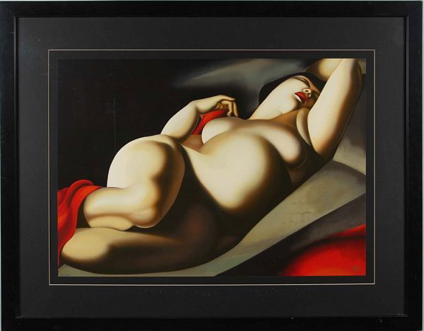 de Lempickna, "La Bella Rafaela", Serigraph: Tamara de Lempicka (Polish, 1898-1980), "La Bella Rafaela" serigraph, edition 77/195, 25" x 35 1/2" (image), 38 1/4" x 49" (frame), under glass. Good condition. Certificate of authenticity to accompan