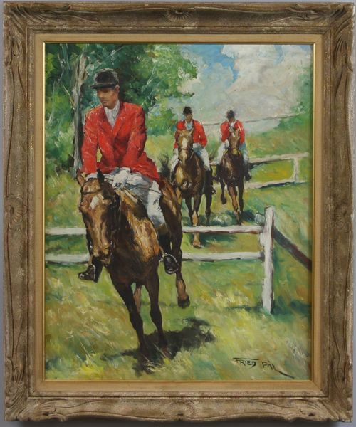 Fried, "Fox Hunting", O/C: Pal Fried (American/Hungarian, 1893-1976), "Fox Hunting", oil on canvas, signed lower right, 30" x 24", 36 1/2" x 30 1/2" (frame). Old repair patch on back, otherwise good condition.