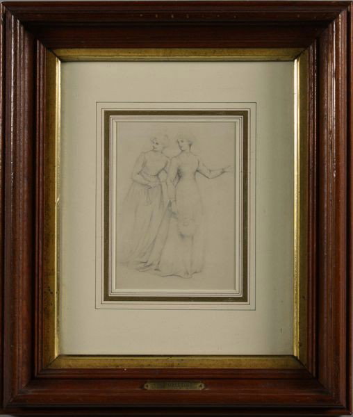 Wagrez, "Two Greeting Women", Pencil Drawing: Jacques Clement Wagrez (French, 1846-1908), "Two Greeting Women", pencil drawing, 5 1/2" x 4", 13 1/2" x 11 1/2".